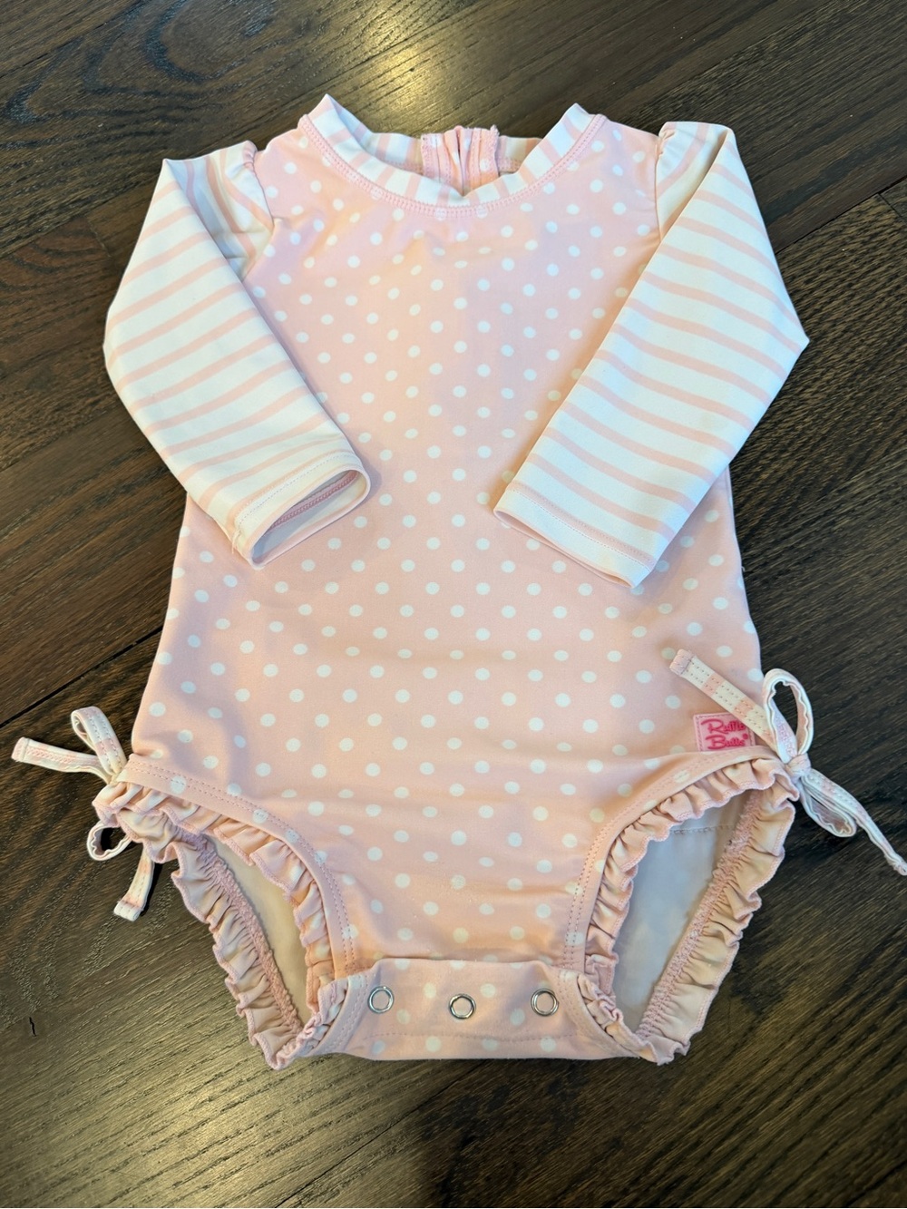 12-18 Month Ruffle Butts Pink & White Polka Dot Long-Sleeve One-Piece